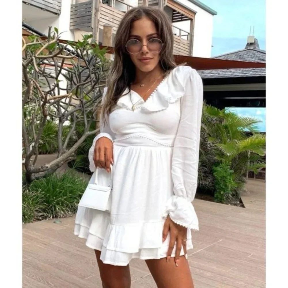 White Long Sleeve V-Neck Open Back Ruffle Hem Mini Dress - Picture 16 of 17